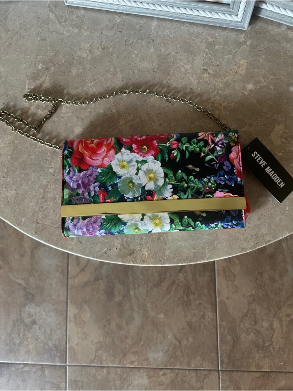 Steve Madden Black Floral Chain Clutch with Gold Accent